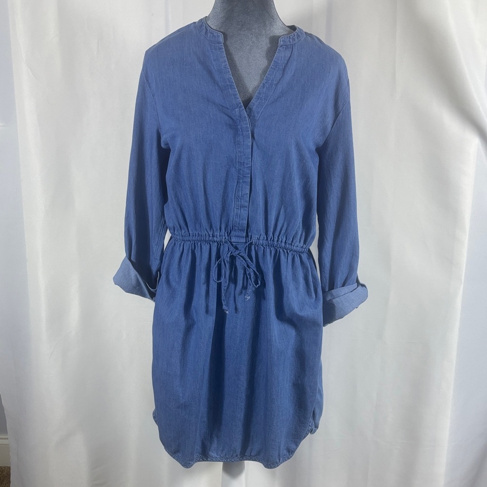 crown & ivy Chambray Blue Drawstring Waist Long Sleeve Dress